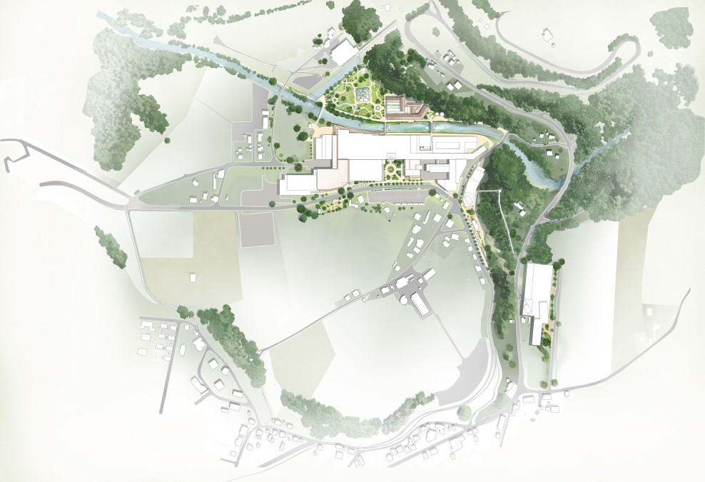 Le visuel présente une vue d’ensemble du projet de parc, accessible directement depuis la gare de Broc-Fabrique.